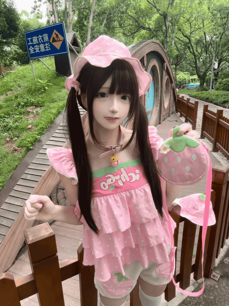 Strawberry Polka Dot Soft Girl Coord Pink Set - Flutter Sleeve Layered Top Strawberry Applique Shorts