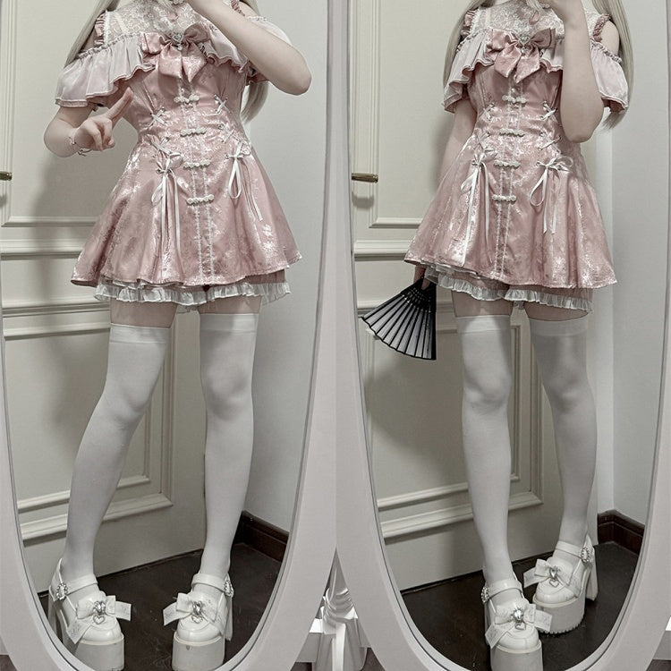 Set- Shorts Bow Tie Neckline + + Bell Sleeves Illusion Cheongsam Mini Dress Dusty Jirai Style Pink Kei