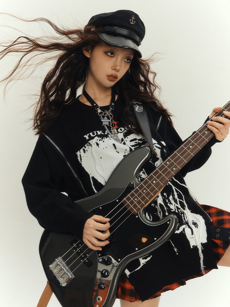 Zips Black Loose Rock Neck Design Punk Round Sweater