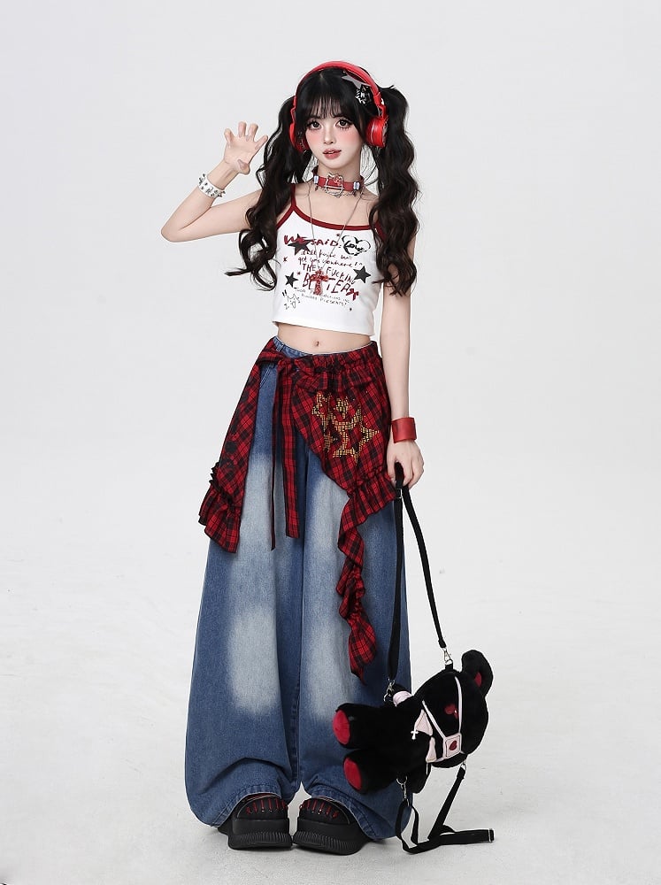 Rise Faded Wash Blue Low Wide-leg Jeans with Red Plaid Waist Accessory