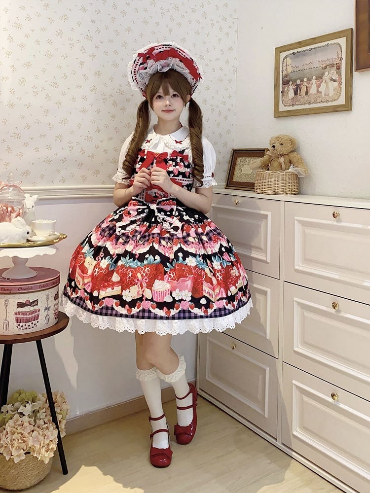 and Sweet Black Strawberry Dessert Dress Print Lolita