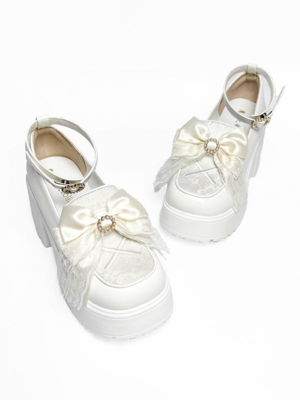 Heart Platform Beaded Jirai with - Vamp Bow Kei White Heels High Buckle Block Matching