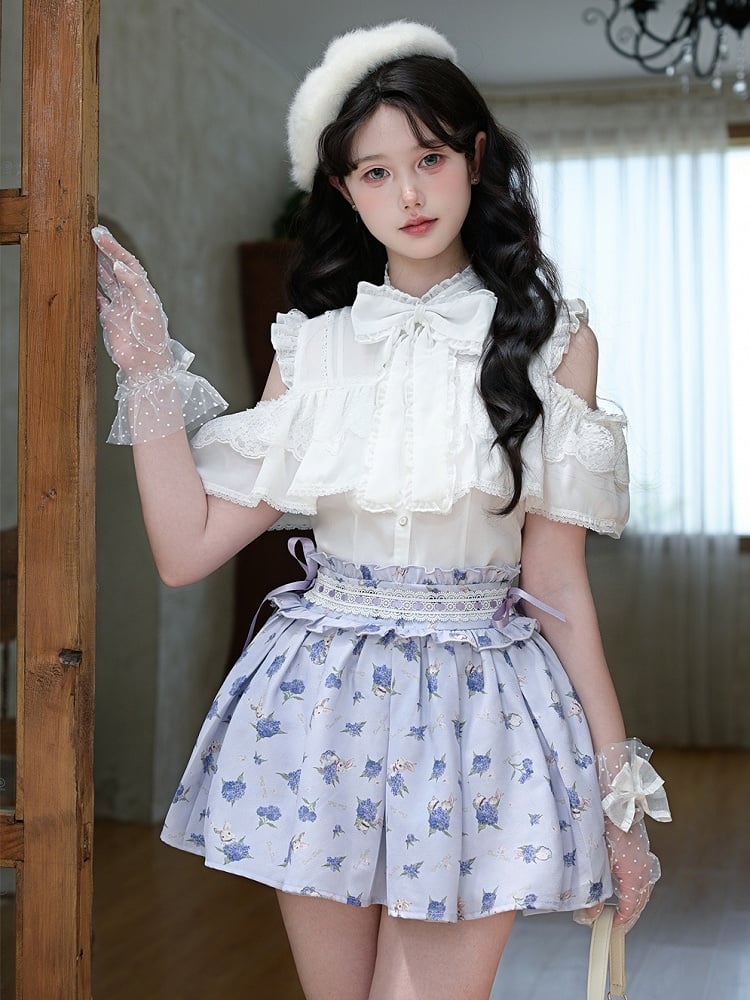 Lace Trim Skirt Light Purple Hydrangea Print Box Pleat
