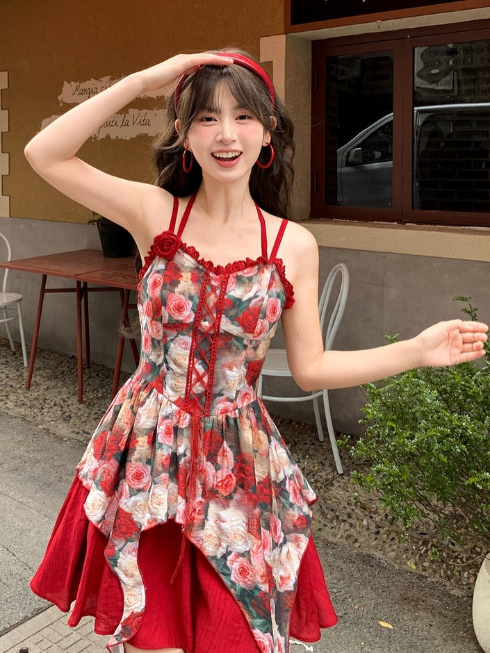 Front Red Rosette Print Cascading Ruffles Lace-up Cami Dress