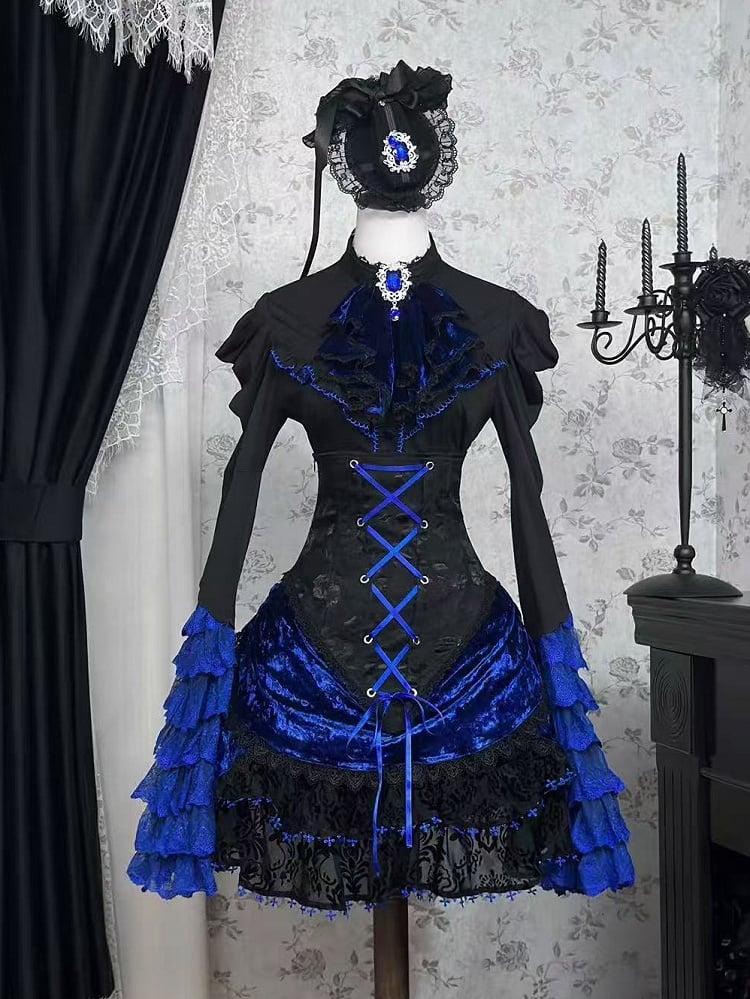 Boned Lolita Waist Tie Shirt Skirt Set Hat Black Gothic Jabot Long Sleeves High + - and Mini Blue Bell Klein Full