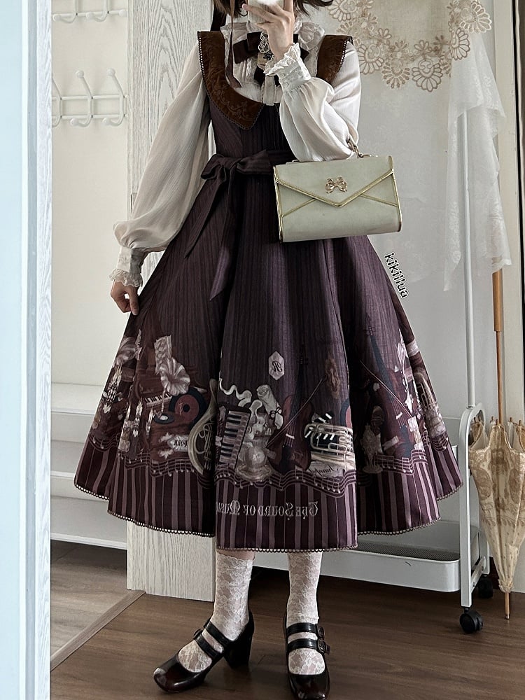 Braunes, elegantes Lolita-Kleid mit Violinen- und Klavier-Print unter der Brust