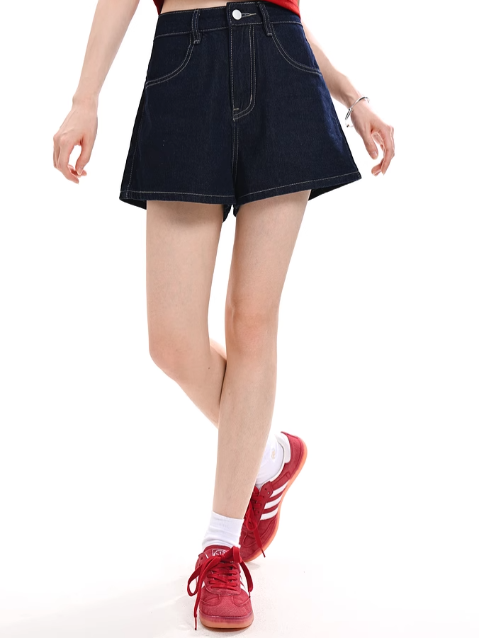 Blue Wide-leg Denim Shorts Kitty Embroidery Back