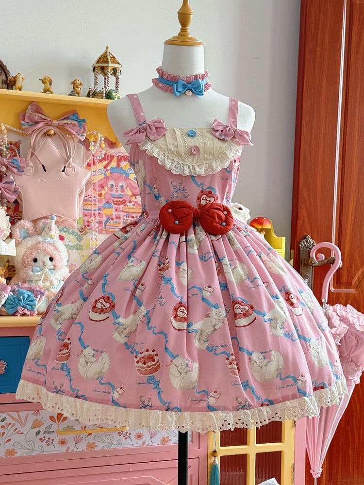 Kitty Cake Fashion Dress Sweet and Showa Pink Lolita Print Cherry