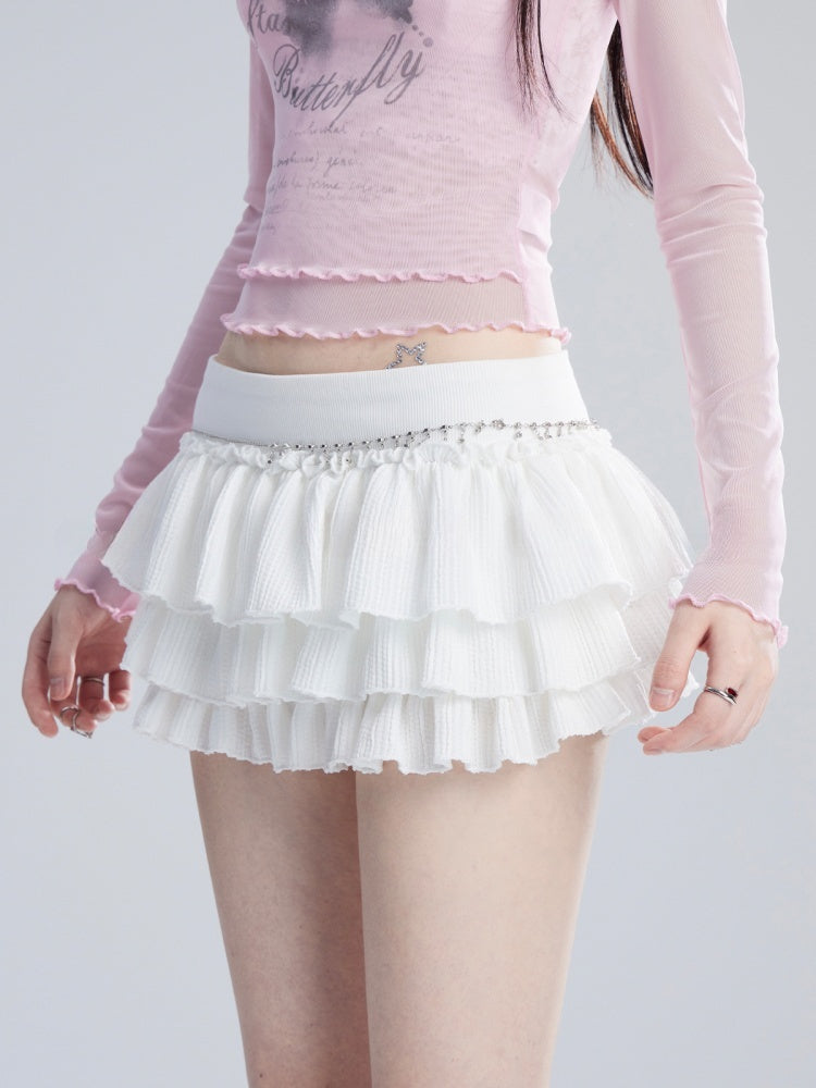 Mini Tiered Skirt Beige Low Balletcore Waist