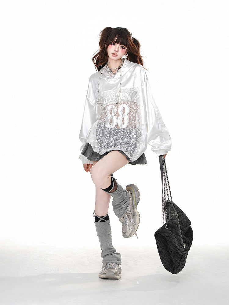 Black/White Bowknot Embroidery Contrast Lace Patches Loose Hoodie
