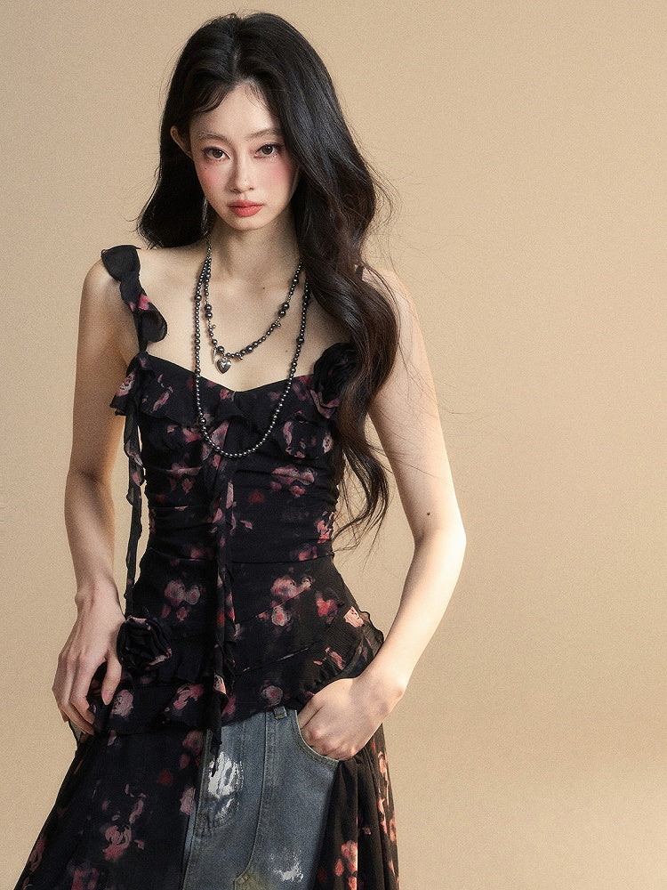 Black Sweetheart Neckline Sleeveless Top Asymmetrical Hem Chiffon Floral
