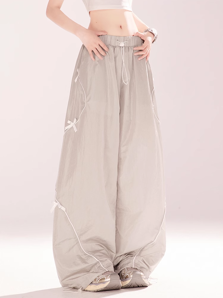Gray Drawstring Waist and Cuffs Bowknot Wide-leg Casual Pants Details