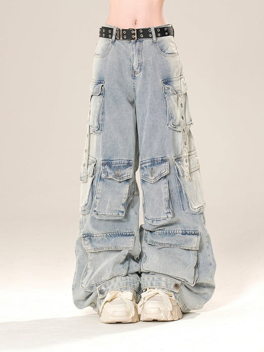 Low Blue/Black Waist Cargo Pockets Wide-Leg Jeans