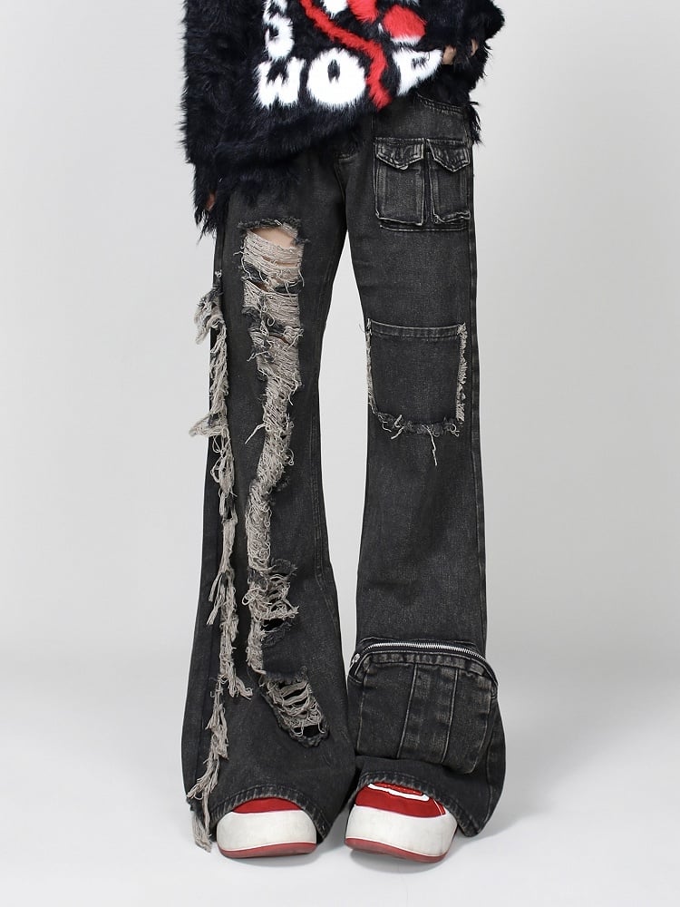 Black Faded Wash Distressed Multi-Pockets Jeans with Raw Hem
