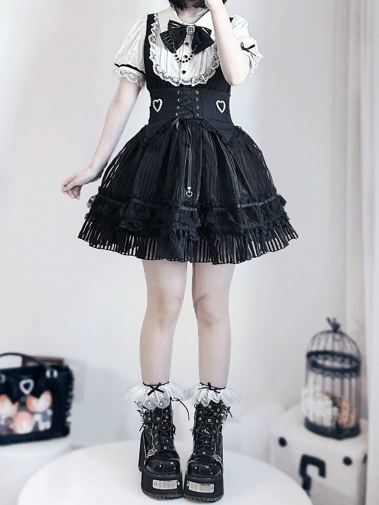 Belt Corset Stripes Skirt Waist Puffy Dress Layered Black Jirai Kei White and Lace-up with Three High