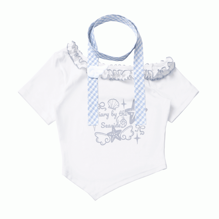 Blau mit Schal, kariertes Rosa/Baby-T-Shirt mit Seestern- und Muschel-Print und Rüschen am asymmetrischen Ausschnitt