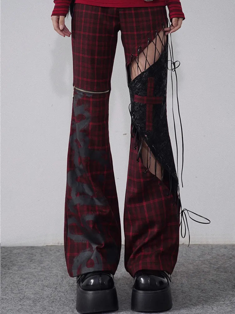 Rock Detail and Black Lace-up Red Pants Plaid Cutout Punk