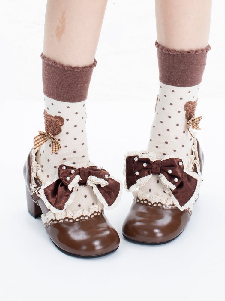 Brown Beaded Lolita Leather in Bow Trim Mid-heel Janes Heart Lace with Beads Mary Buckle Decorated PU