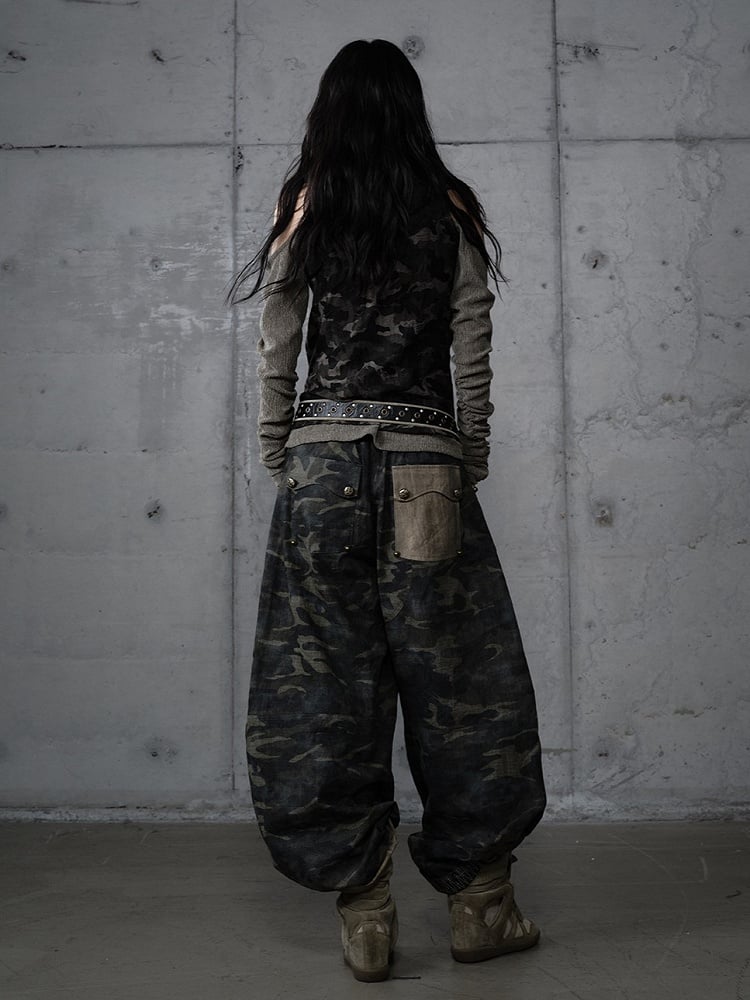 Pants Cargo Zigzag Punk Deconstructed with Camo Embroidery Vintage Design
