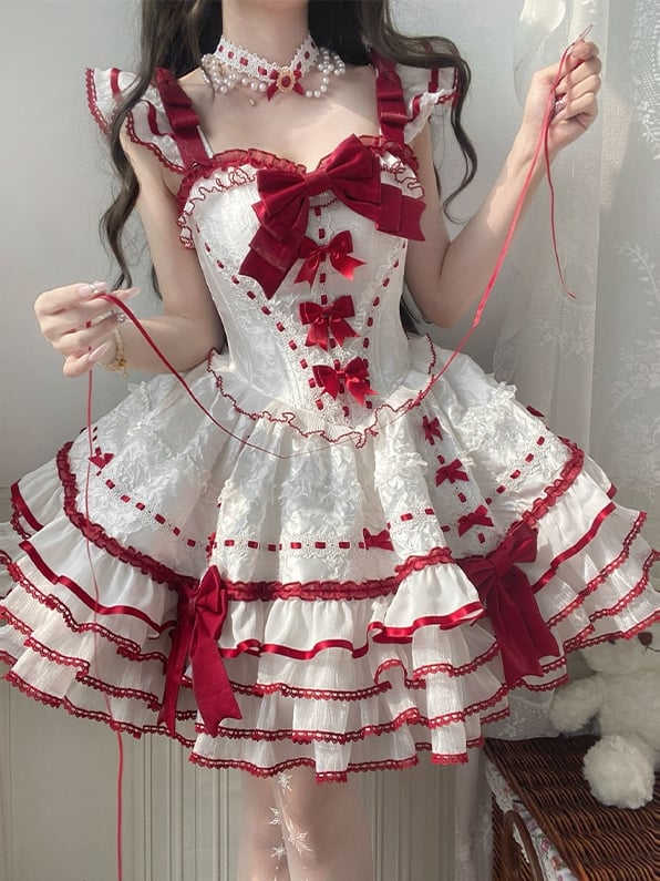 Ruffles Accents Skirt White Bow Jumper Tiered Princess Red Lolita