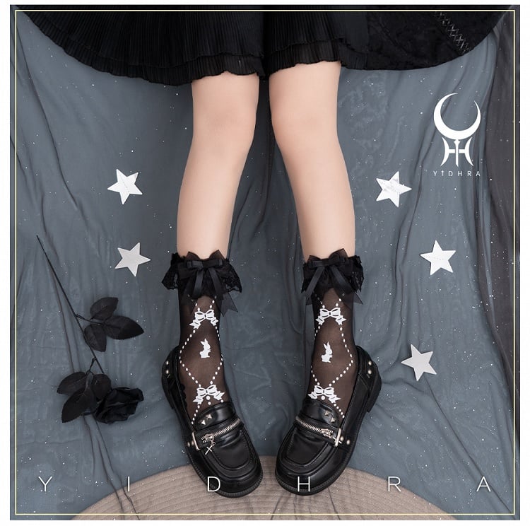 Black White Bunny Bear Print Sweet Lolita Socks