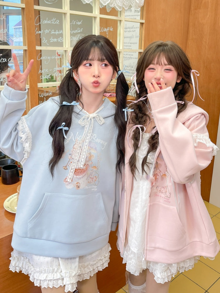 Yume Kawaii Blue Bunny Ear Hood Rabbit Print Hoodie