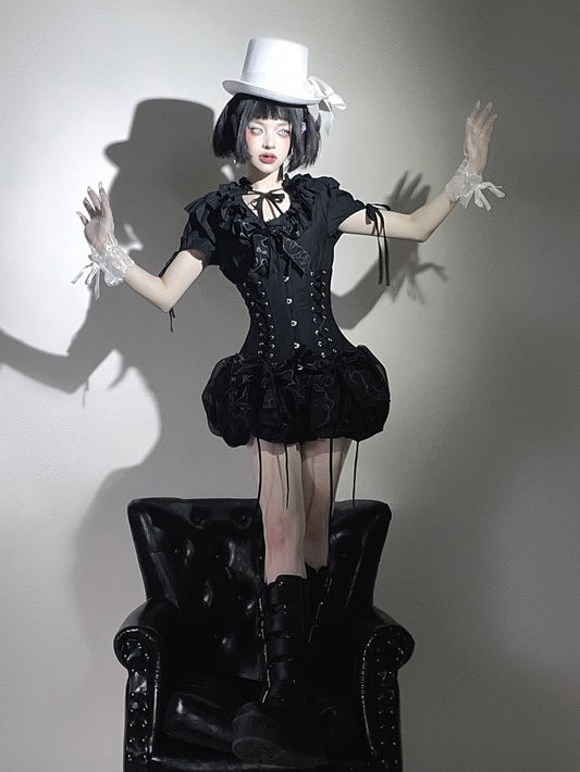 Gothic Lolita Bluse mit mehrlagigem Ausschnitt und Rüschen in der Taille, elastisch, gesmokt