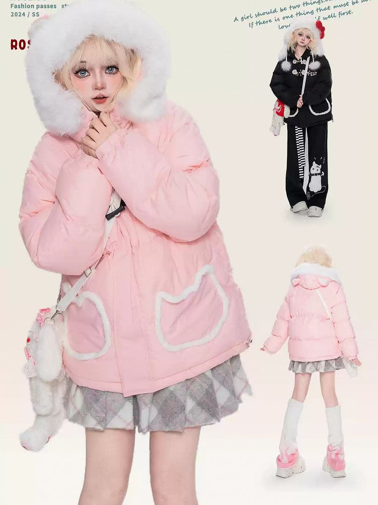 Schwarz/Rosa Pufferjacke mit Katzenohren-Design und Buchstaben