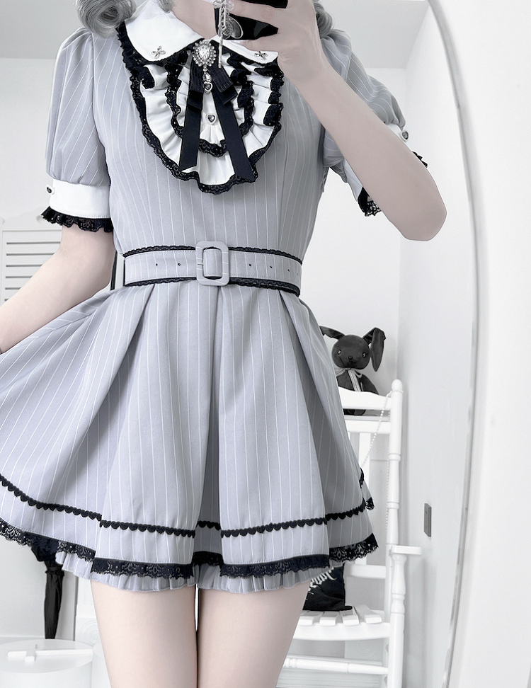 Shorts Pan Gray White Kei Stripes Collar Maid with and Set Peter Jirai Top