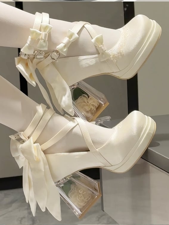 Camellia Platform Heel Heels High Elegant White Block Flower