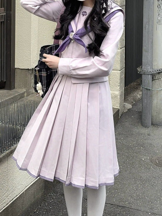 プリントスカート 制服 JK パープルスタイル プリーツ プレッピー クローバー 四つ葉