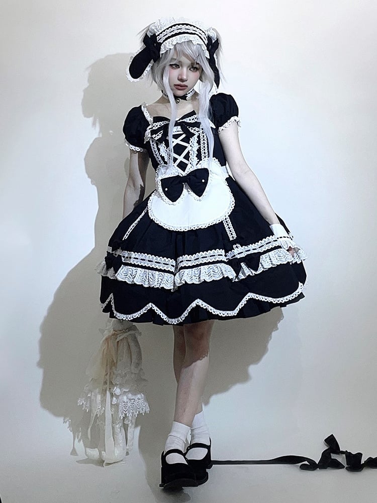 Lolita Sleeves Black Old Short Neckline School Piece Puff Square One and Dress Cotton