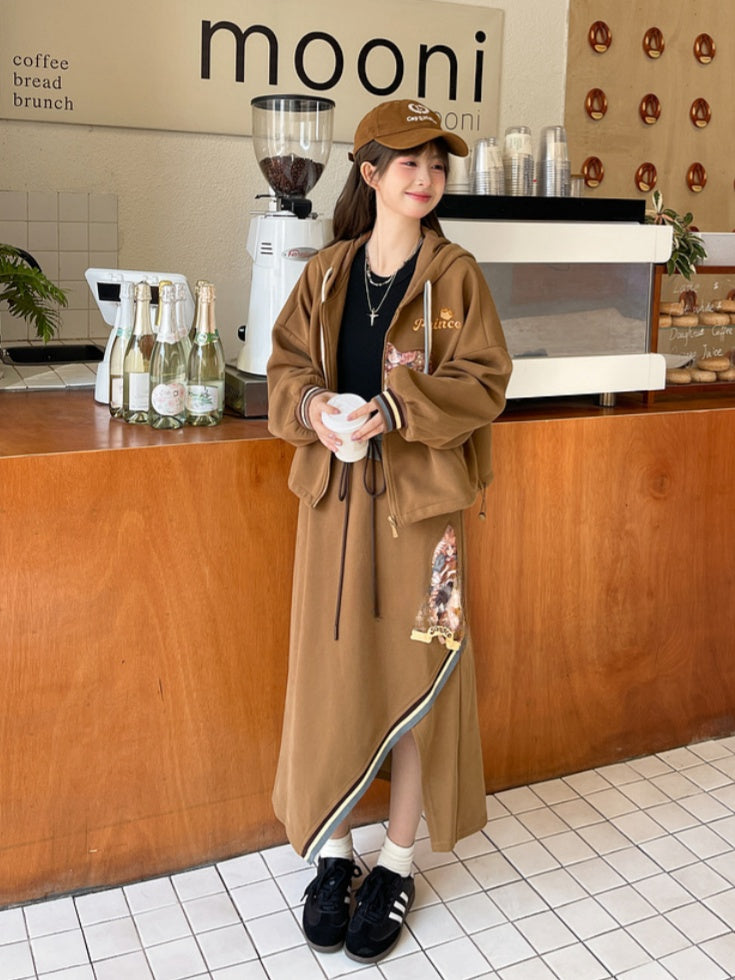 Brown Drawstring Vintage Fashion Slit Skirt Side Millard Waist Prince Print