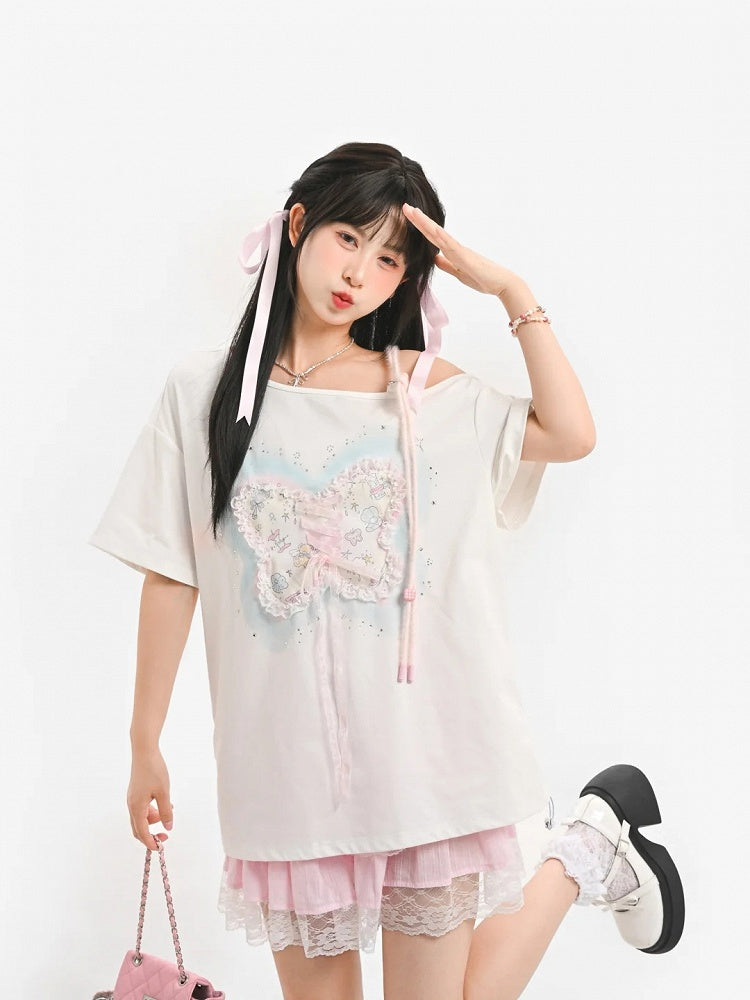 Sequins Decorated Lace-up Butterfly White Asymmetrical Neckline T-shirt Detail