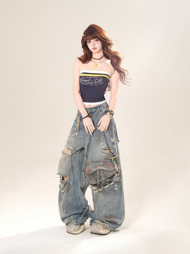 Wide-Leg Jeans Rise Distressed Holes Spray Blue Low Print Paint