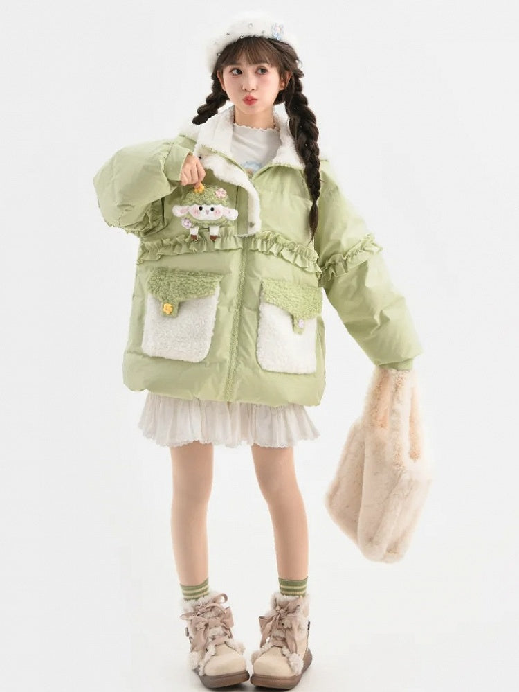 Green Cute Lamb Adorned Hooded Down Coat Ruffle Trim