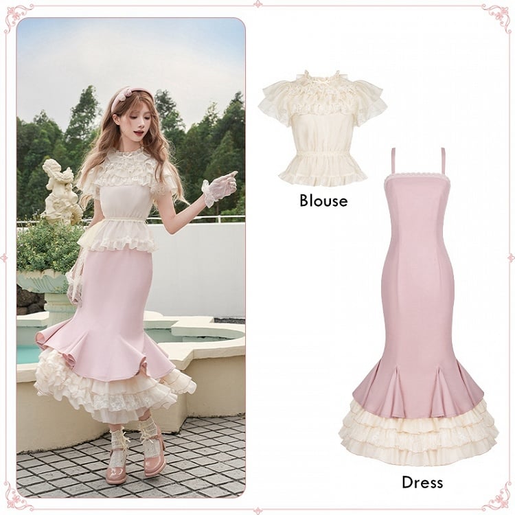 Blouse Ruffle Dress Tiered Mermaid Slip Hemline Beige + Pink