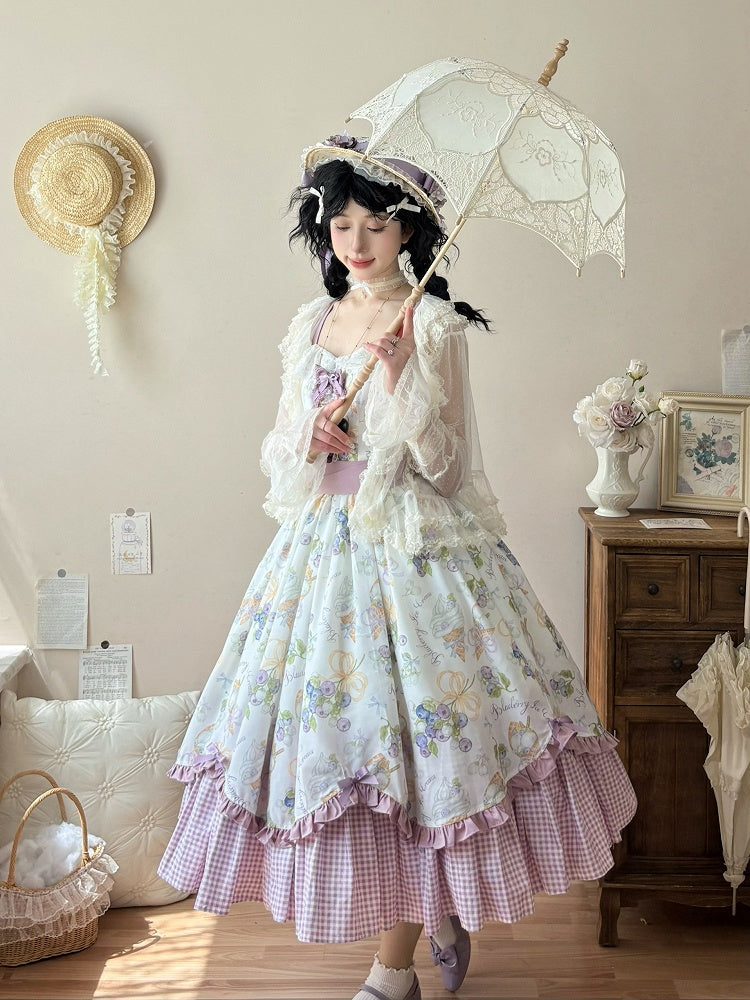 Hemline Gingham Dress Blueberry Lolita and Ice Cream Purple Print