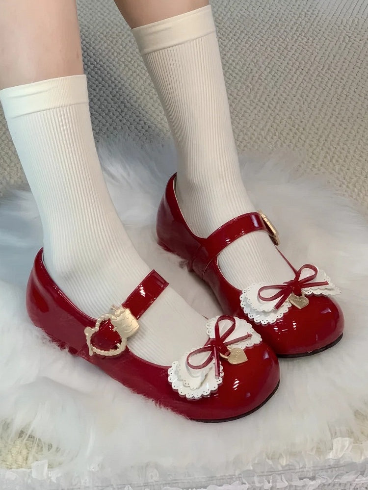 Janes Mary Täglich Bequeme Mehrschichtige Schuhe mit Niedrigem Absatz und süßen roten Schleifen Lolita -