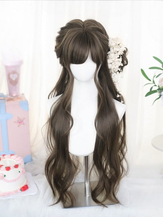 Bangs Side-swept With Wig Brown 65-70CM Length Wavy