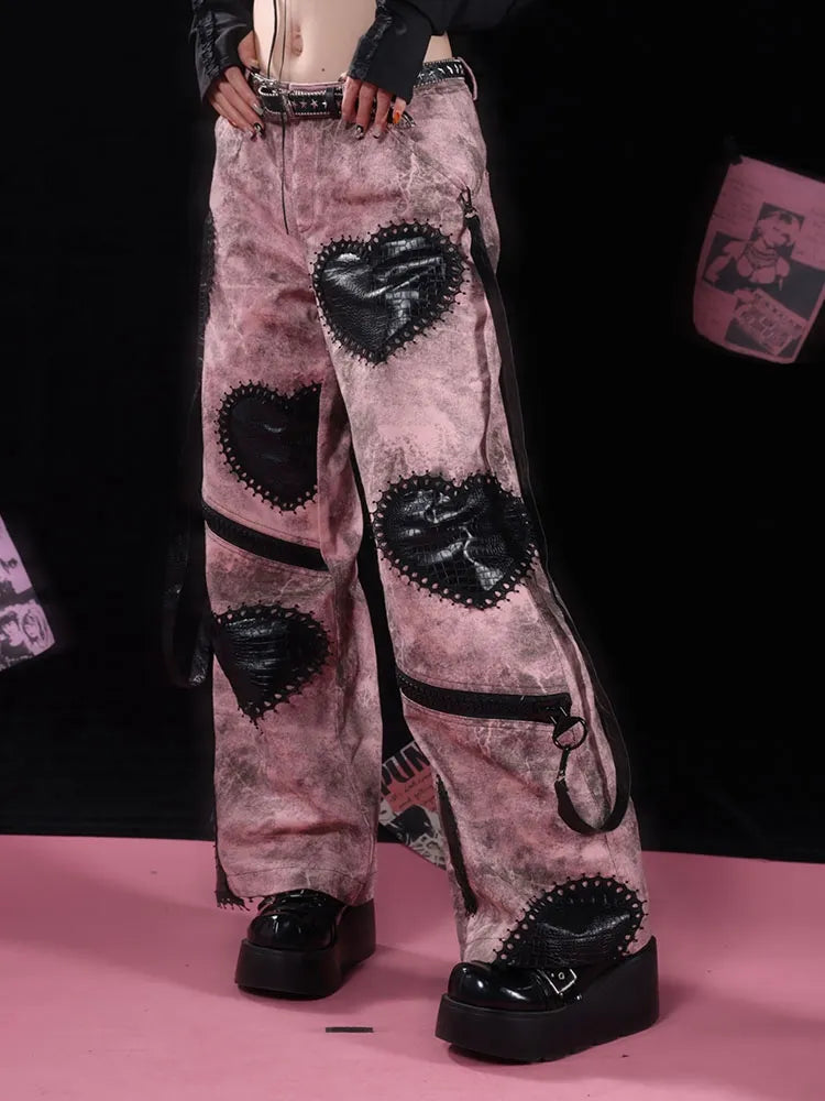 Applikation Herz Gothic Bein Rosa Weite Jeans Schwarz mit Reißverschlüssen Punk