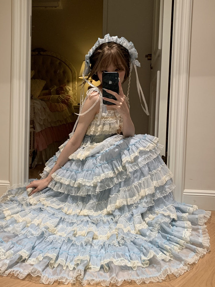 Goldfish Blue Adjustable Ruffle Sweet Embroidery Dress Lolita Straps and with Multi-Layered