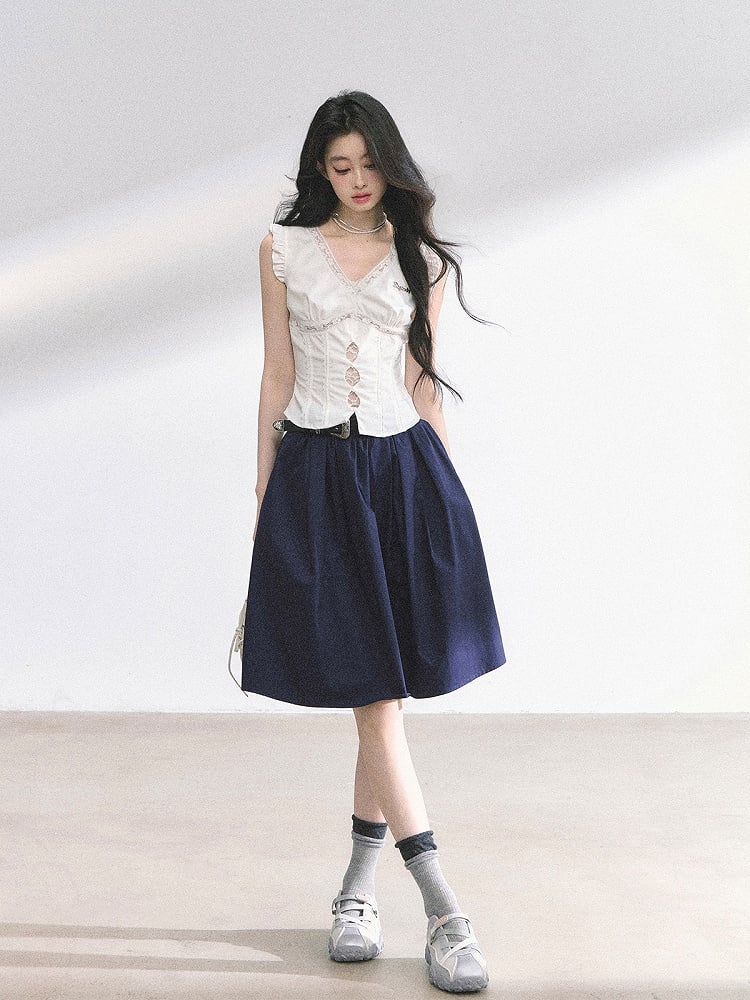 Lace White V-neck Cutout Details Patches Flutter Sleeves Top
