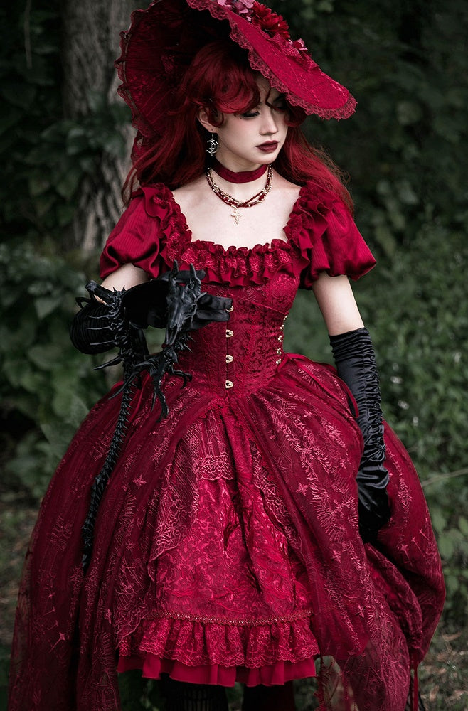 Red Dragon Bone Embroidery High-low Skirt Dress Gothic Lolita OP with Cathedral Embroidery Overlay