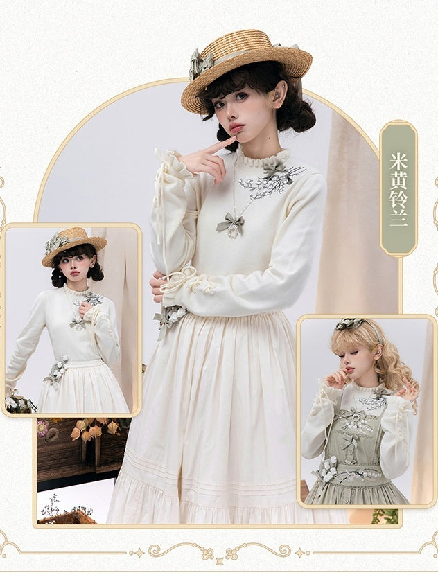Autumn Cuffs Top Lily the of Knit Beige Lace-up Embroidery Valley