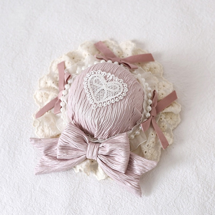 Cute Light Green Mint Beads Doll-Style Lace Pink-Purple Blue Bowknot With Mini Lolita Hat /