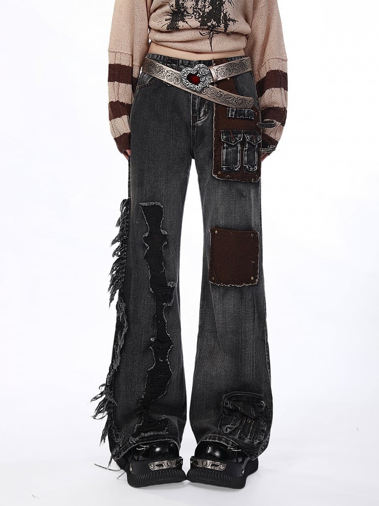 Gray Flared Wide-Leg Jeans with Distressed Raw Hem Details