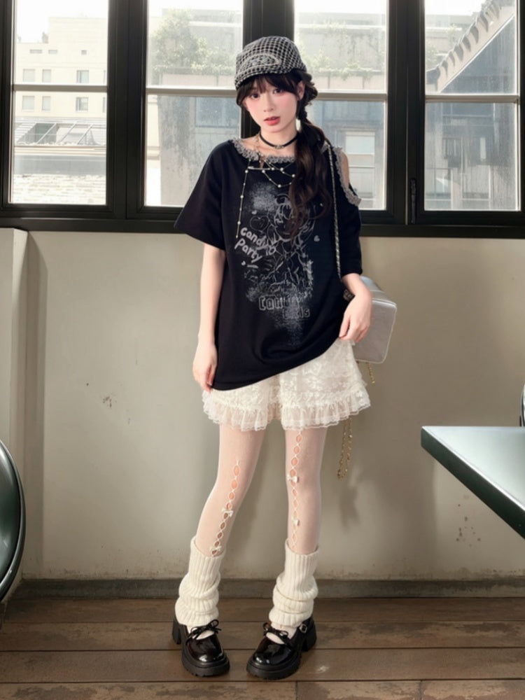 Y2K Black/White Ruffled Lace Trim Neckline T-Shirt Shoulder Cutout Girl Print Cotton