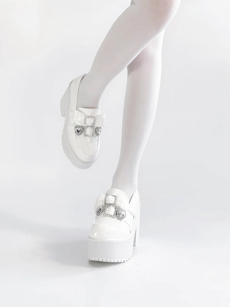 with Jirai Platform Matte Rhinestone Bow White 10cm Heart Loafers Kawaii Kei Heel