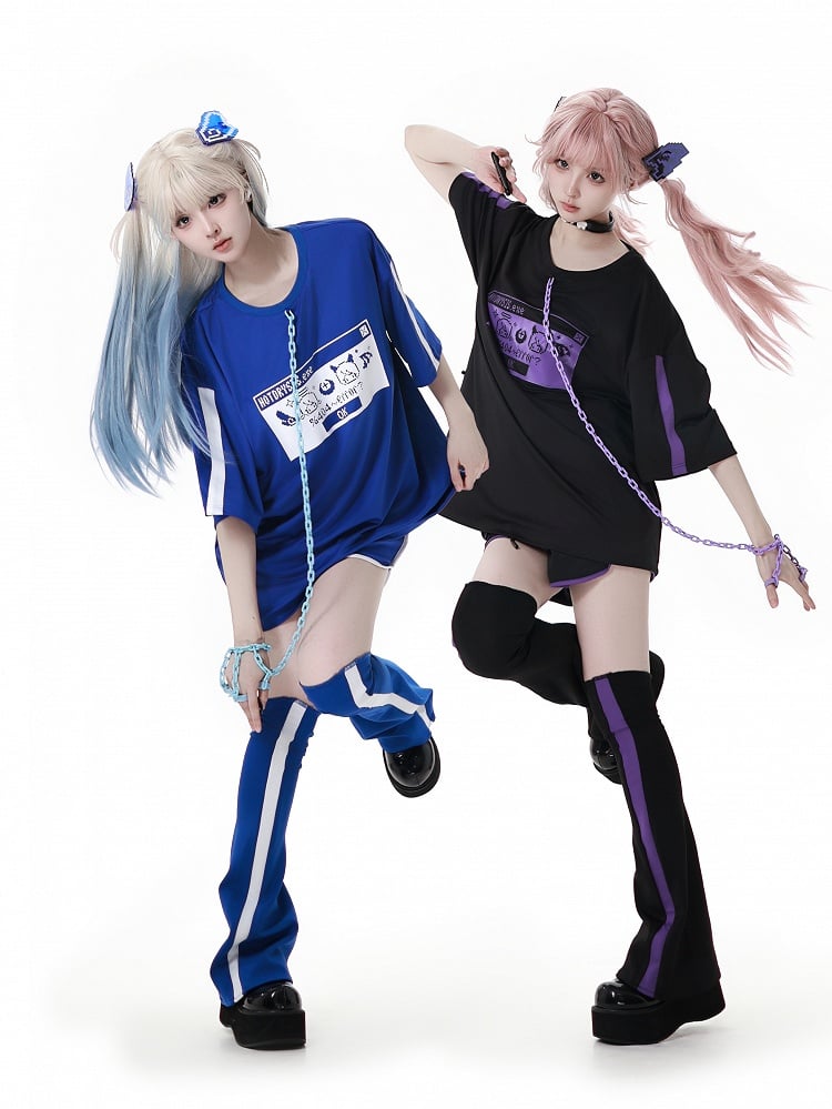 and Purple Elastic Waist Sports Shorts Black